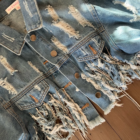 Hot and Delicious Cropped Jean Jacket with Rhinestones - Picture 2 of 11